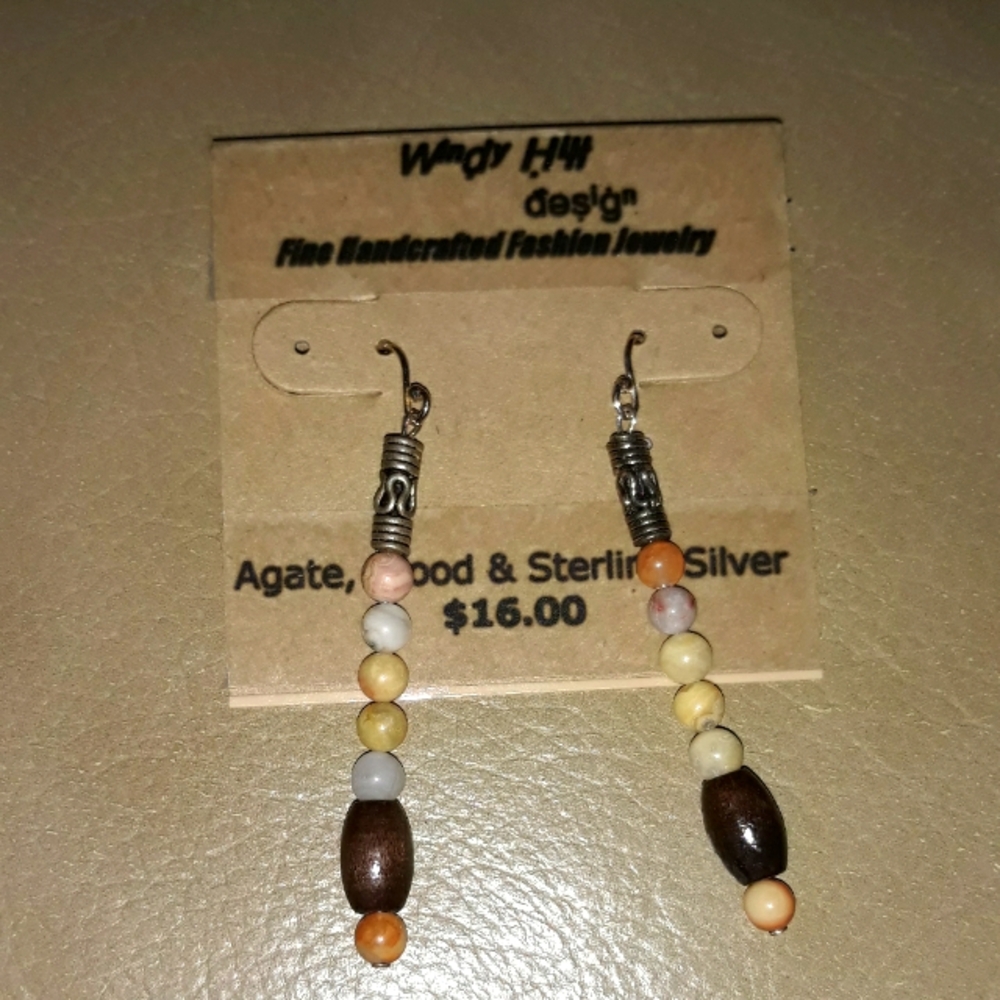 Agate, Wood & Sterling Silver Earrings